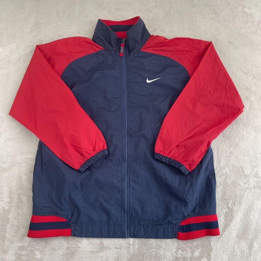 Vintage Nike Windbreaker Boys Large‎ 14-16 Navy Red Full Zip Swoosh Logo Vented